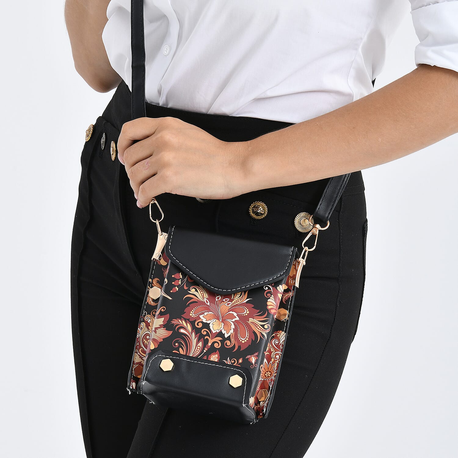 Floral Embroidered Crossbody Bag with Long Adjustable Strap - Black & Orange