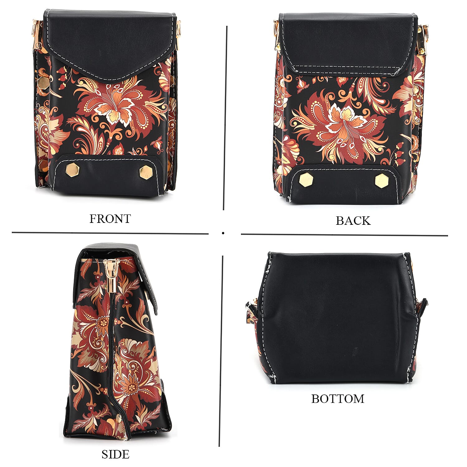 Floral Embroidered Crossbody Bag with Long Adjustable Strap - Black & Orange