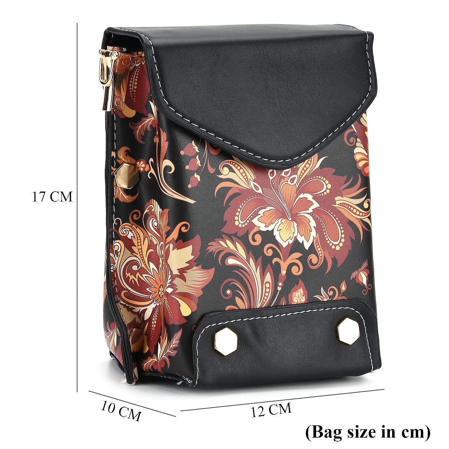 Floral Embroidered Crossbody Bag with Long Adjustable Strap - Black & Orange