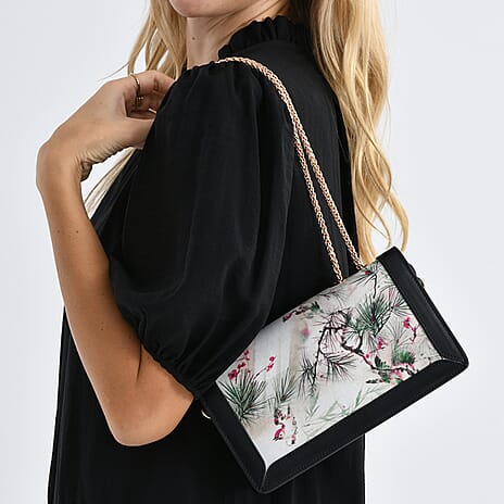 Where Artisans Give Silk a Soul - Limited Edition - Genuine Leather Crossbody Bag with Floral - Bird Mulberry Silk Art - White - Pink