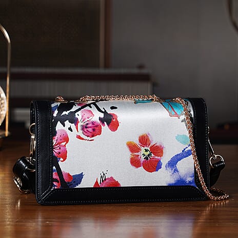 Where Artisans Give Silk a Soul - Limited Edition - Genuine Leather Crossbody Bag with Mulberry Silk Art - White - Multicolour