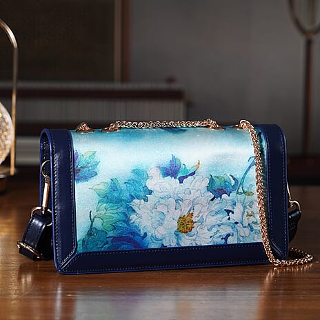 Where Artisans Give Silk a Soul - Limited Edition - Genuine Leather Crossbody Bag with Mulberry Silk Art - Light Blue