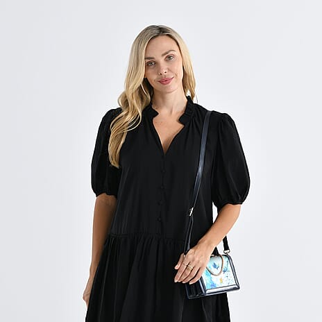 Where Artisans Give Silk a Soul - Limited Edition - Genuine Leather Crossbody Bag with Mulberry Silk Art - Light Blue