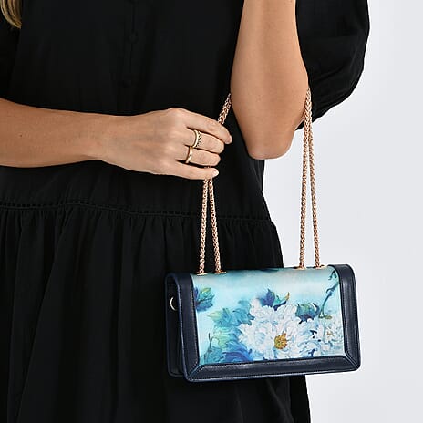 Where Artisans Give Silk a Soul - Limited Edition - Genuine Leather Crossbody Bag with Mulberry Silk Art - Light Blue