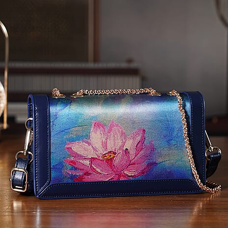 Where Artisans Give Silk a Soul - Limited Edition - Genuine Leather Crossbody Bag with Mulberry Silk Art - Blue - Pink