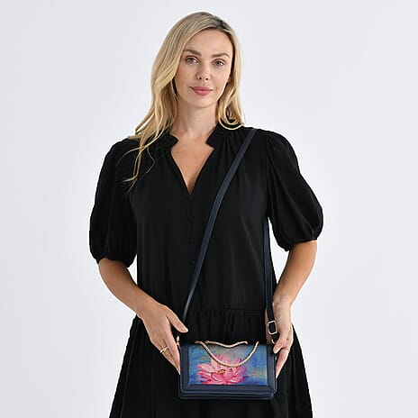 Where Artisans Give Silk a Soul - Limited Edition - Genuine Leather Crossbody Bag with Mulberry Silk Art - Blue - Pink