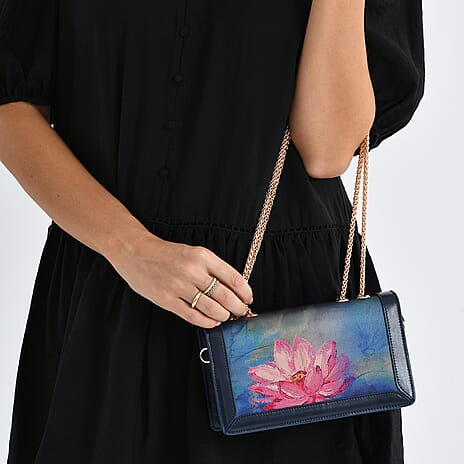 Where Artisans Give Silk a Soul - Limited Edition - Genuine Leather Crossbody Bag with Mulberry Silk Art - Blue - Pink