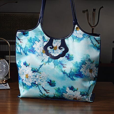 Silk Shaped by Generations - Limited Edition - Genuine Leather Tote Bag with Floral Mulberry Silk Art - Light Blue