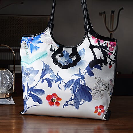 Silk Shaped by Generations - Limited Edition - Genuine Leather Tote Bag with Floral Mulberry Silk Art - White - Multicolour