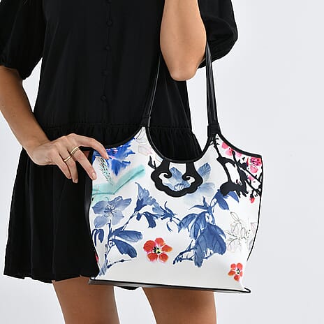 Silk Shaped by Generations - Limited Edition - Genuine Leather Tote Bag with Floral Mulberry Silk Art - White - Multicolour