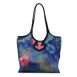 Silk Shaped by Generations - Limited Edition - Genuine Leather Tote Bag with Floral Mulberry Silk Art - Blue - Multicolor