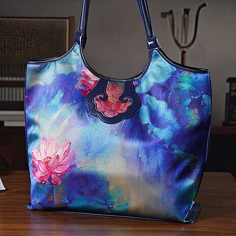 Silk Shaped by Generations - Limited Edition - Genuine Leather Tote Bag with Floral Mulberry Silk Art - Blue - Multicolor