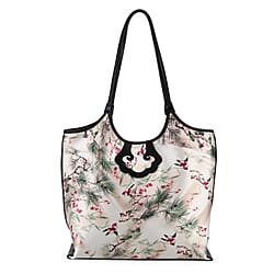 Silk Shaped by Generations - Limited Edition - Genuine Leather Tote Bag with Floral - Bird Mulberry Silk Art - White - Pink