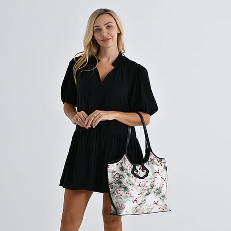 Silk Shaped by Generations - Limited Edition - Genuine Leather Tote Bag with Floral - Bird Mulberry Silk Art - White - Pink