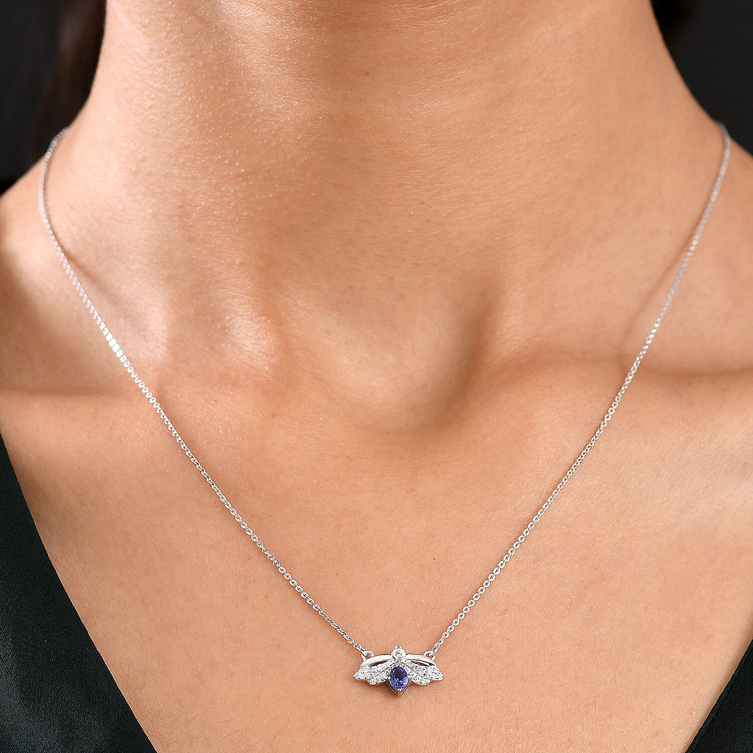D'joy Tanzanite & White Zircon Necklace (Size - 20) with Lobster Clasp in Platinum Overlay Sterling Silver
