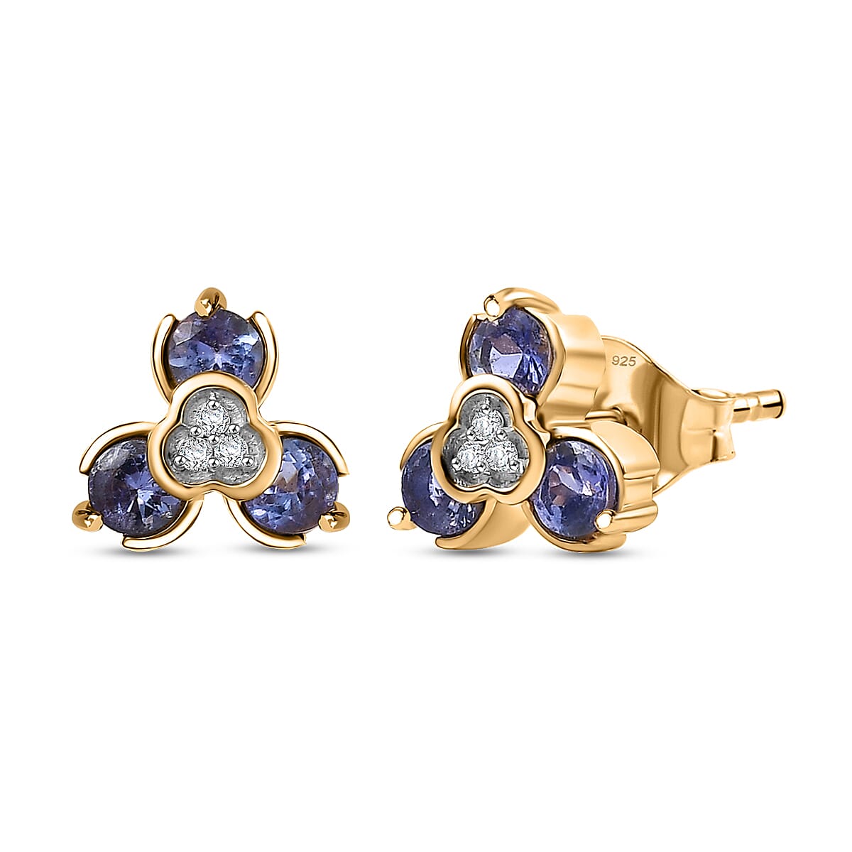 D'joy Tanzanite & White Zircon Stud Push Post Earring in Yellow Gold Plating Sterling Silver