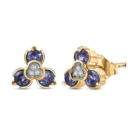 D'joy Tanzanite & White Zircon Stud Push Post Earring in Yellow Gold Plating Sterling Silver