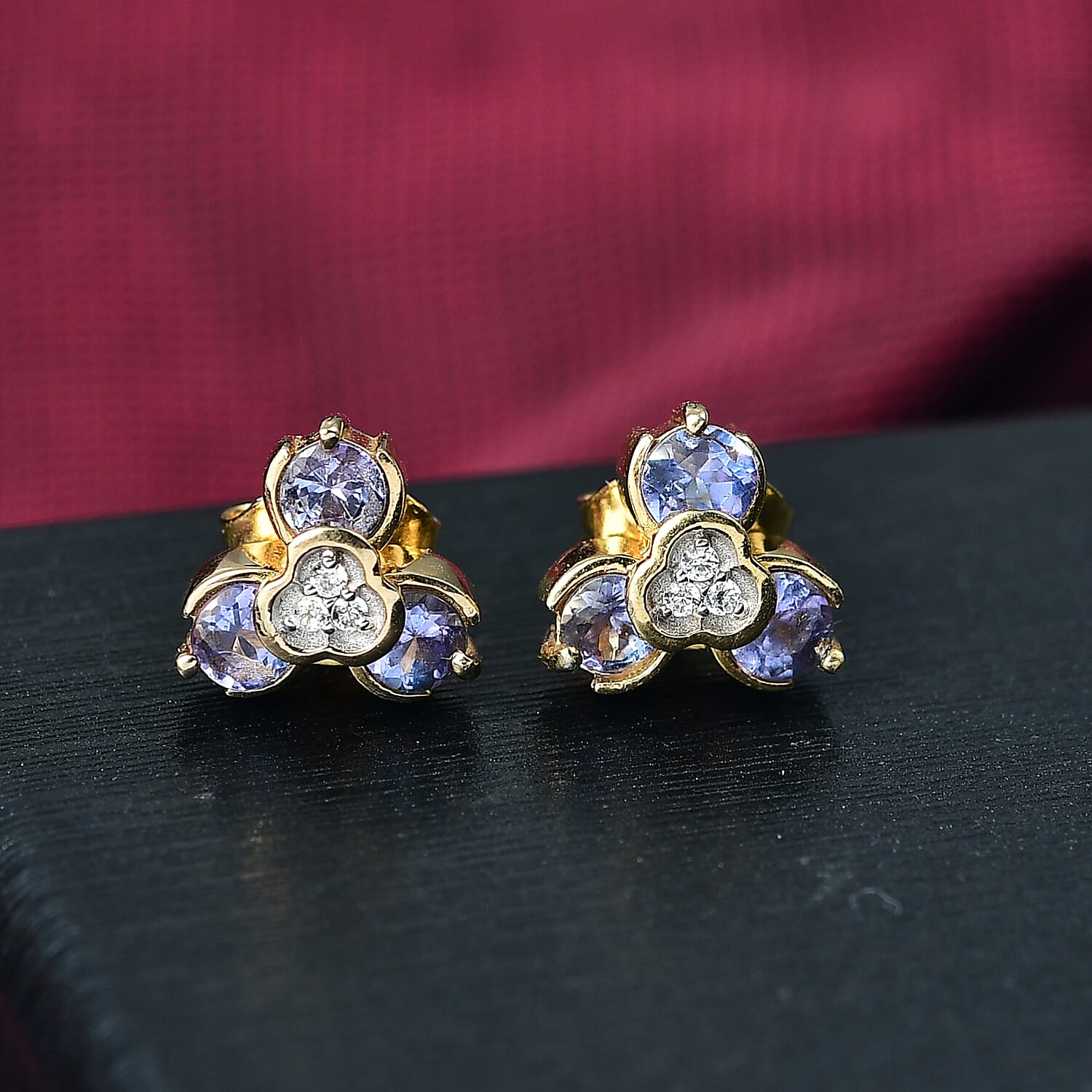 D'joy Tanzanite & White Zircon Stud Push Post Earring in Yellow Gold Plating Sterling Silver