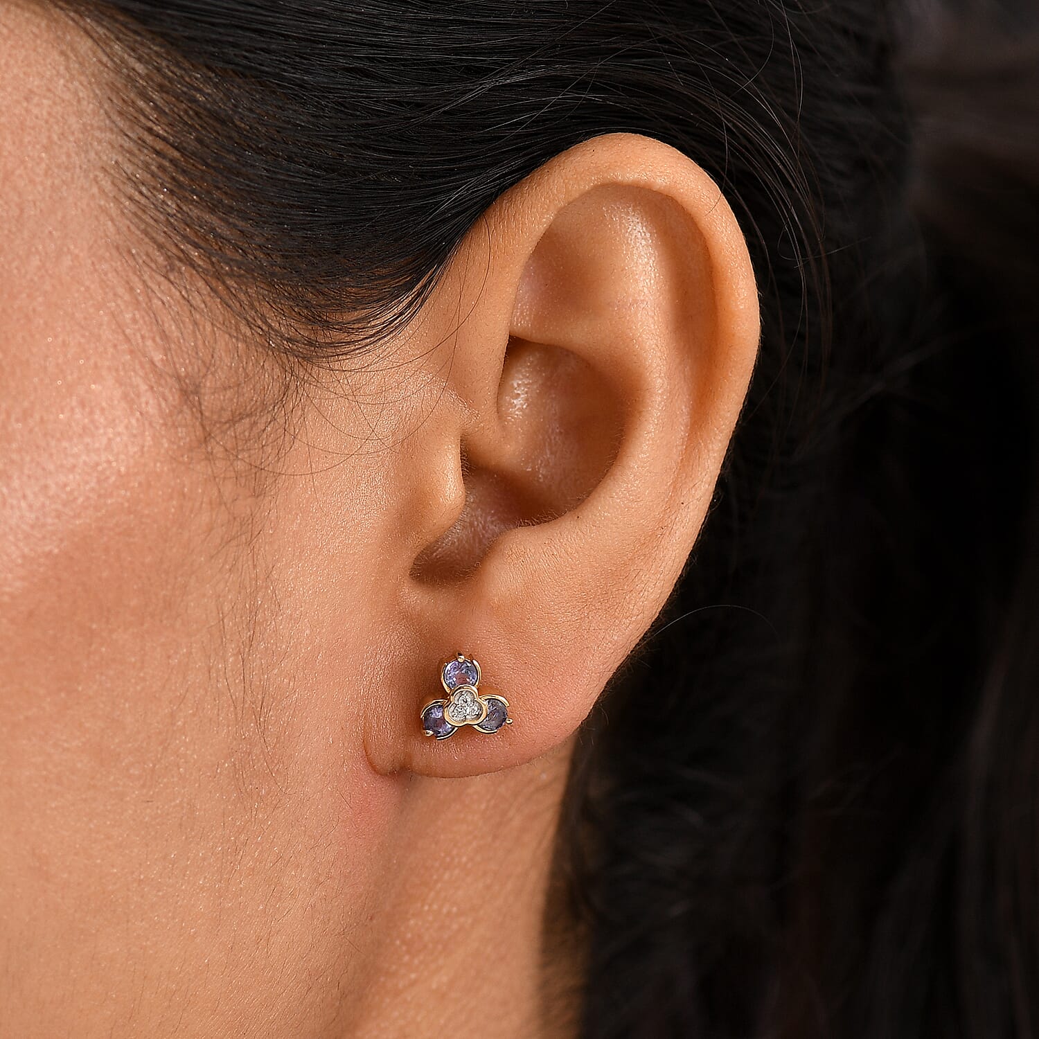 D'joy Tanzanite & White Zircon Stud Push Post Earring in Yellow Gold Plating Sterling Silver