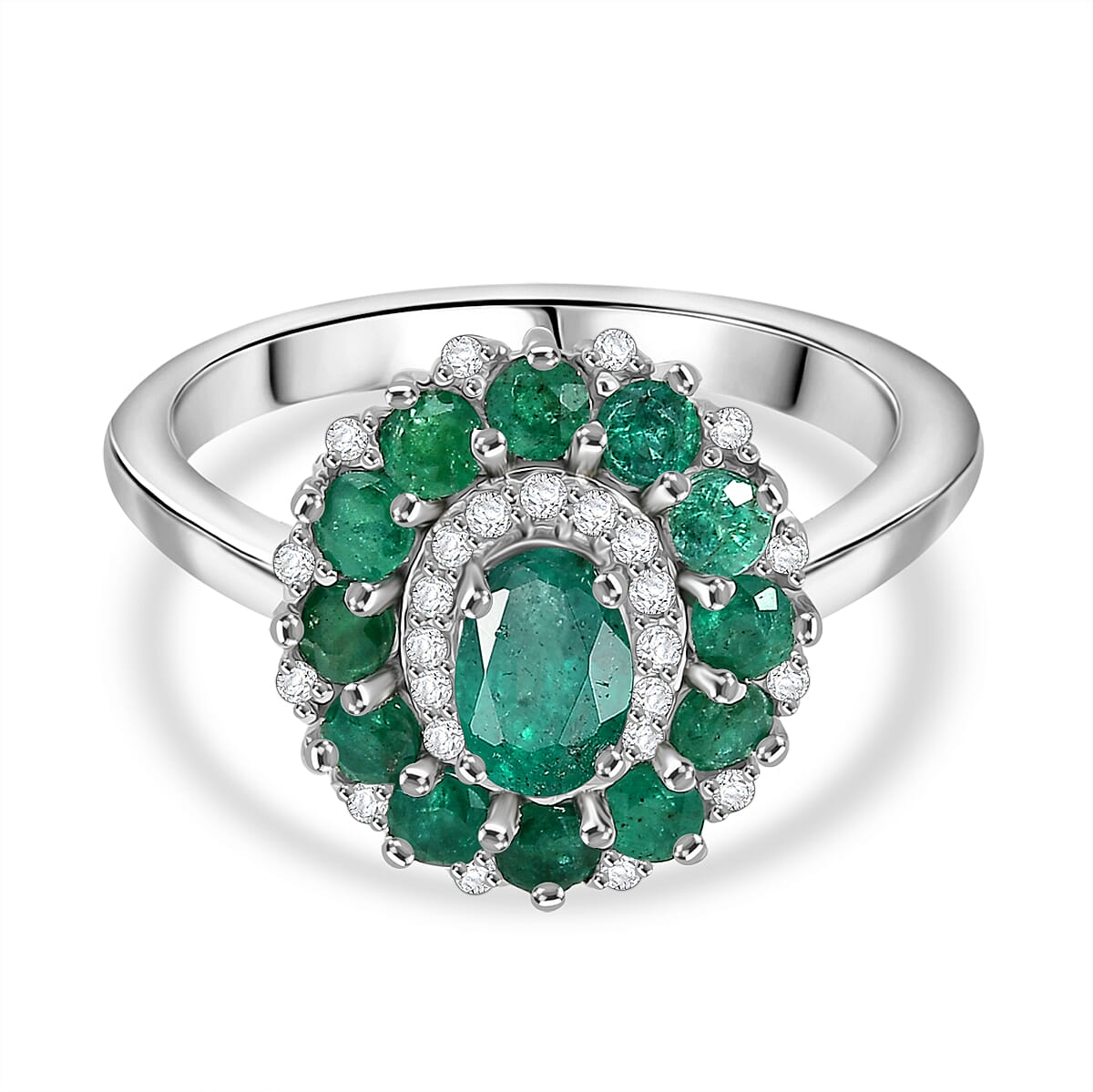 D'joy Zambian Emerald & White Zircon Ring in Rhodium Overlay Sterling Silver 1.50 Ct.
