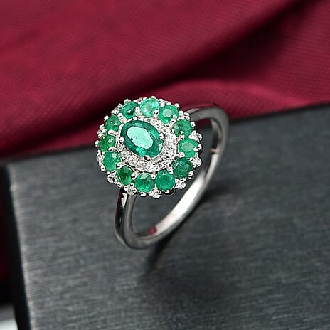D'joy Zambian Emerald & White Zircon Ring in Rhodium Overlay Sterling Silver 1.50 Ct.