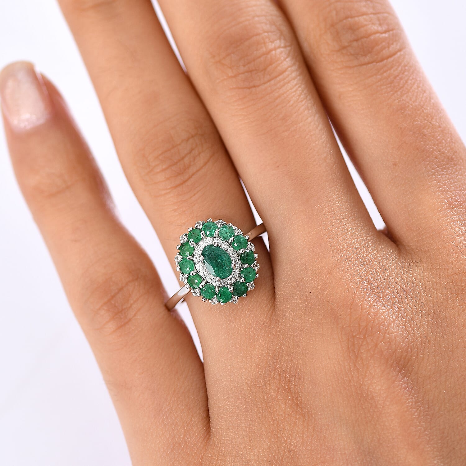 D'joy Zambian Emerald & White Zircon Ring in Rhodium Overlay Sterling Silver 1.50 Ct.