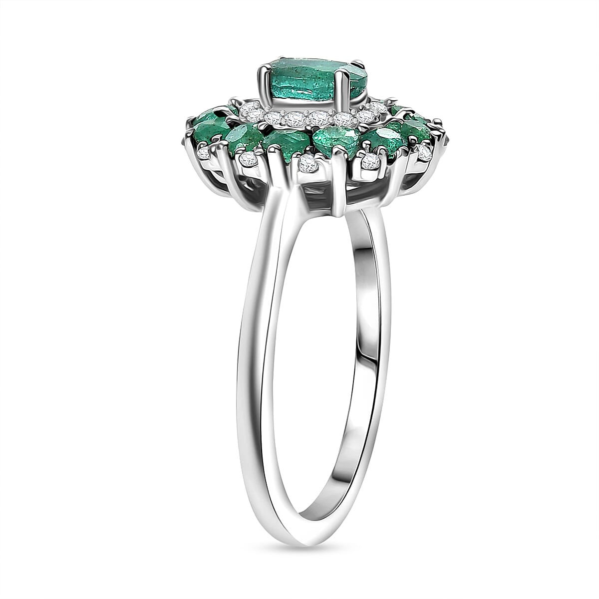 D'joy Zambian Emerald & White Zircon Ring in Rhodium Overlay Sterling Silver 1.50 Ct.