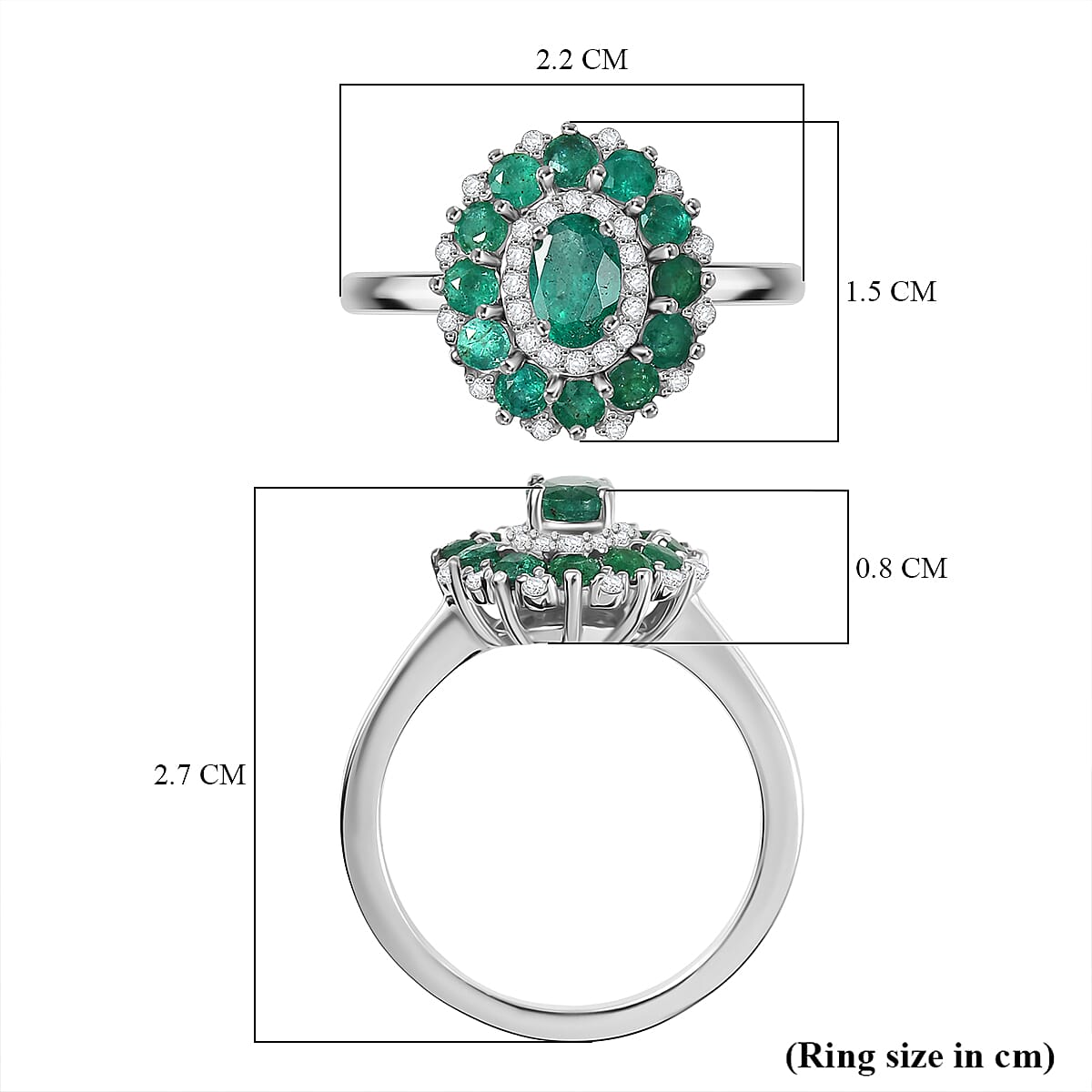 D'joy Zambian Emerald & White Zircon Ring in Rhodium Overlay Sterling Silver 1.50 Ct.
