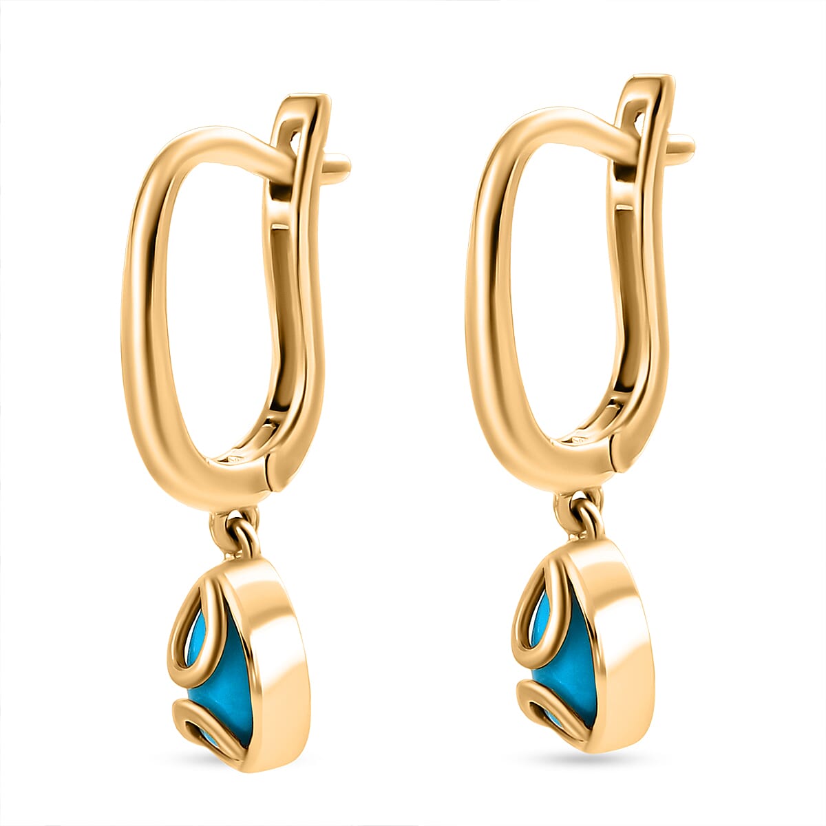 D'joy Sleeping Beauty Turquoise Solitaire Lever Back Earring with Clasp in Yellow Gold Plating Sterling Silver 1.32 Ct.