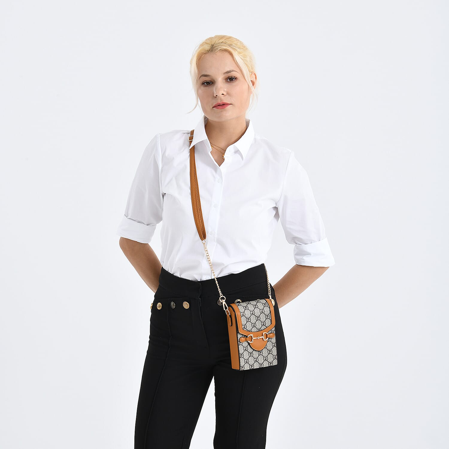 Monogram Pattern Wallet Style Sling Bag with Shoulder Strap (135cm) - Tan - Grey