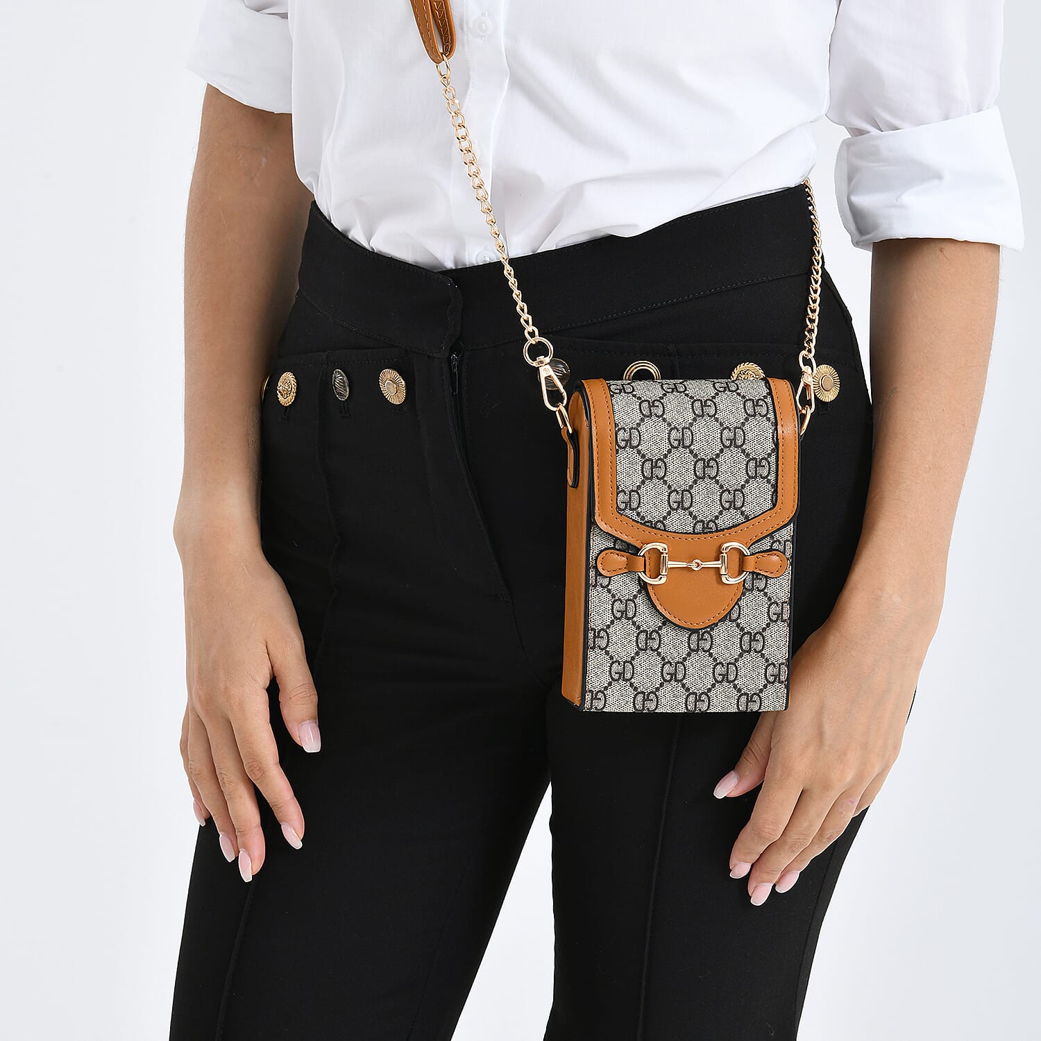 Monogram Pattern Wallet Style Sling Bag with Shoulder Strap (135cm) - Tan - Grey