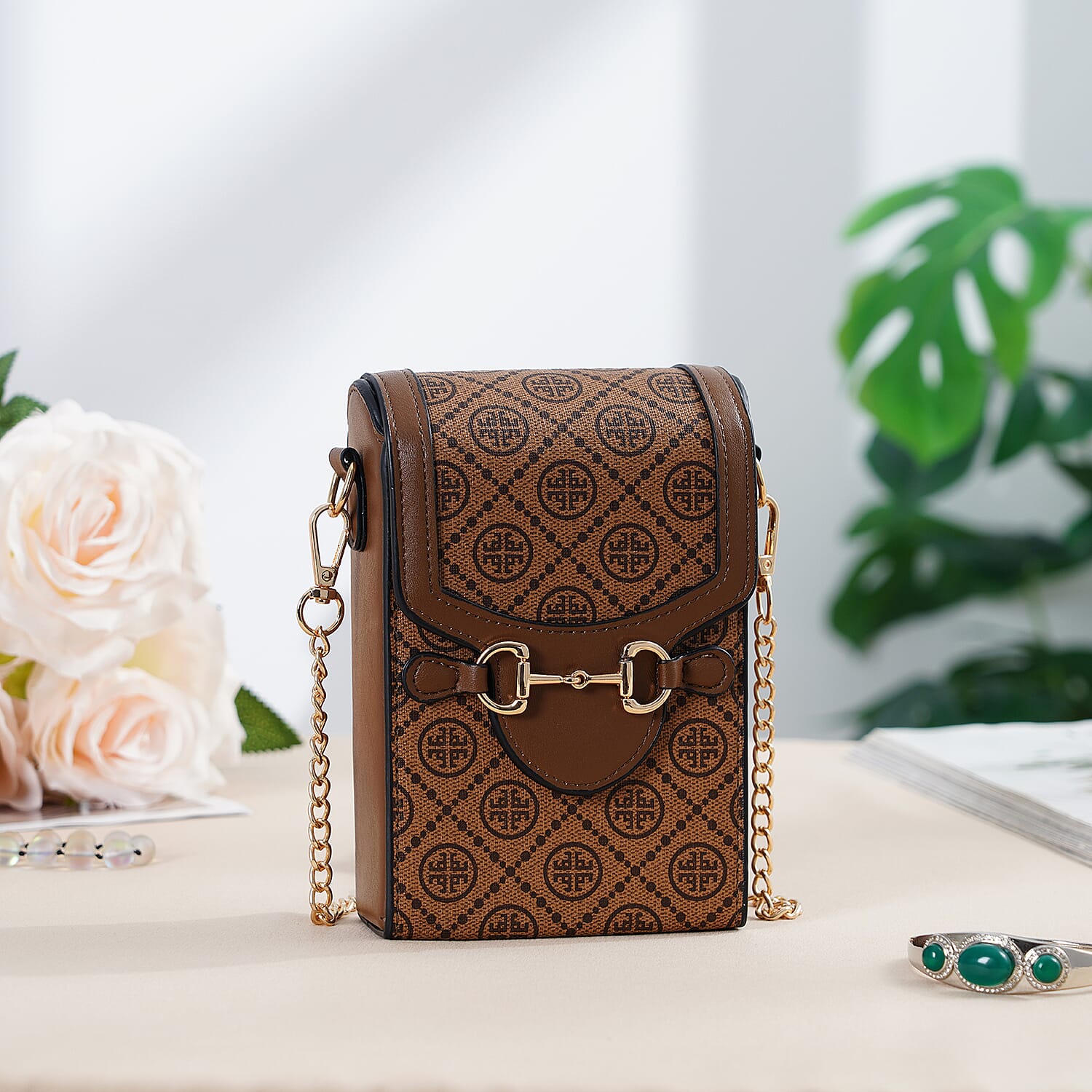 Monogram Pattern Wallet Style Sling Bag with Shoulder Strap (135cm) - Brown