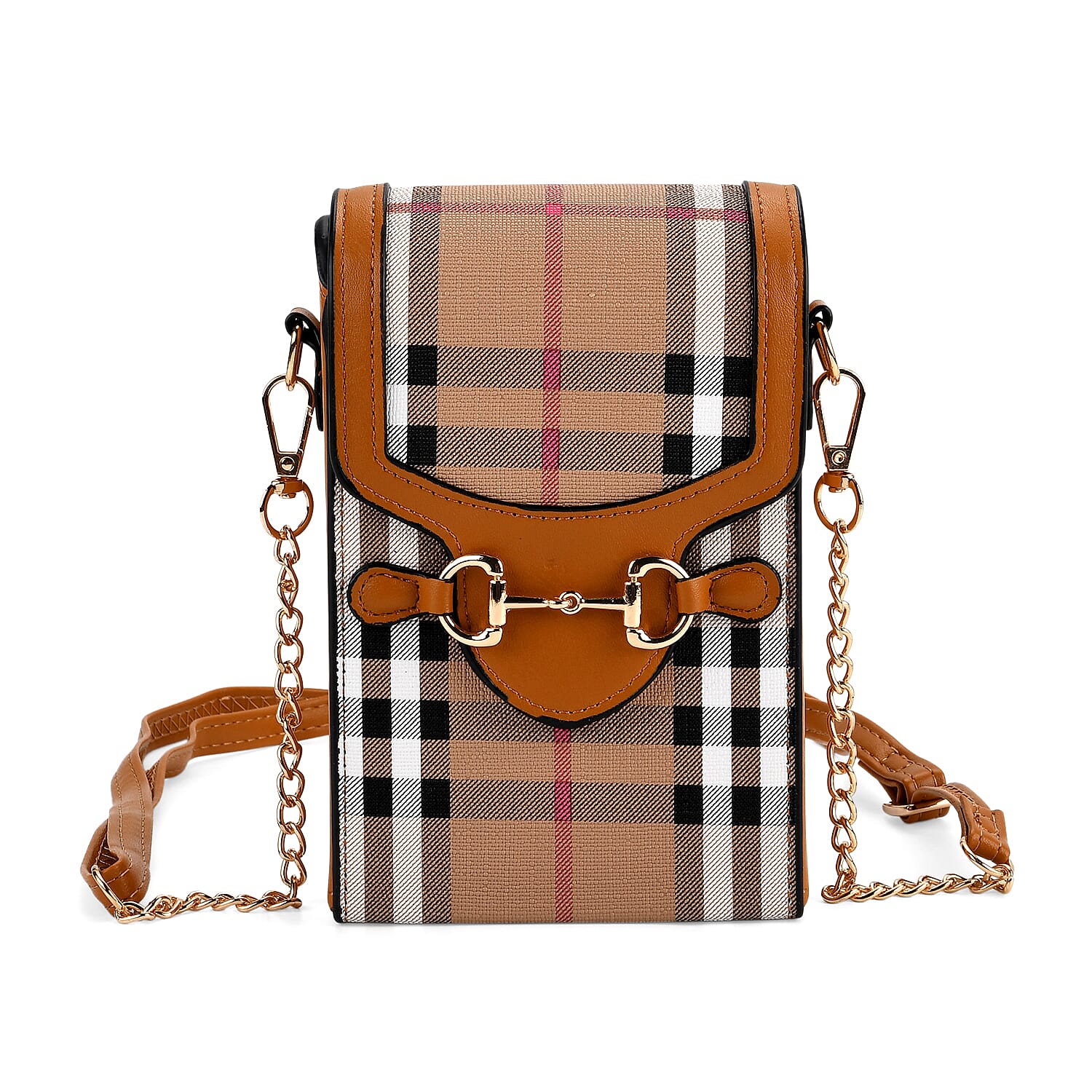 Checkered Pattern Wallet Style Sling Bag with Shoulder Strap (135cm) - Light Brown