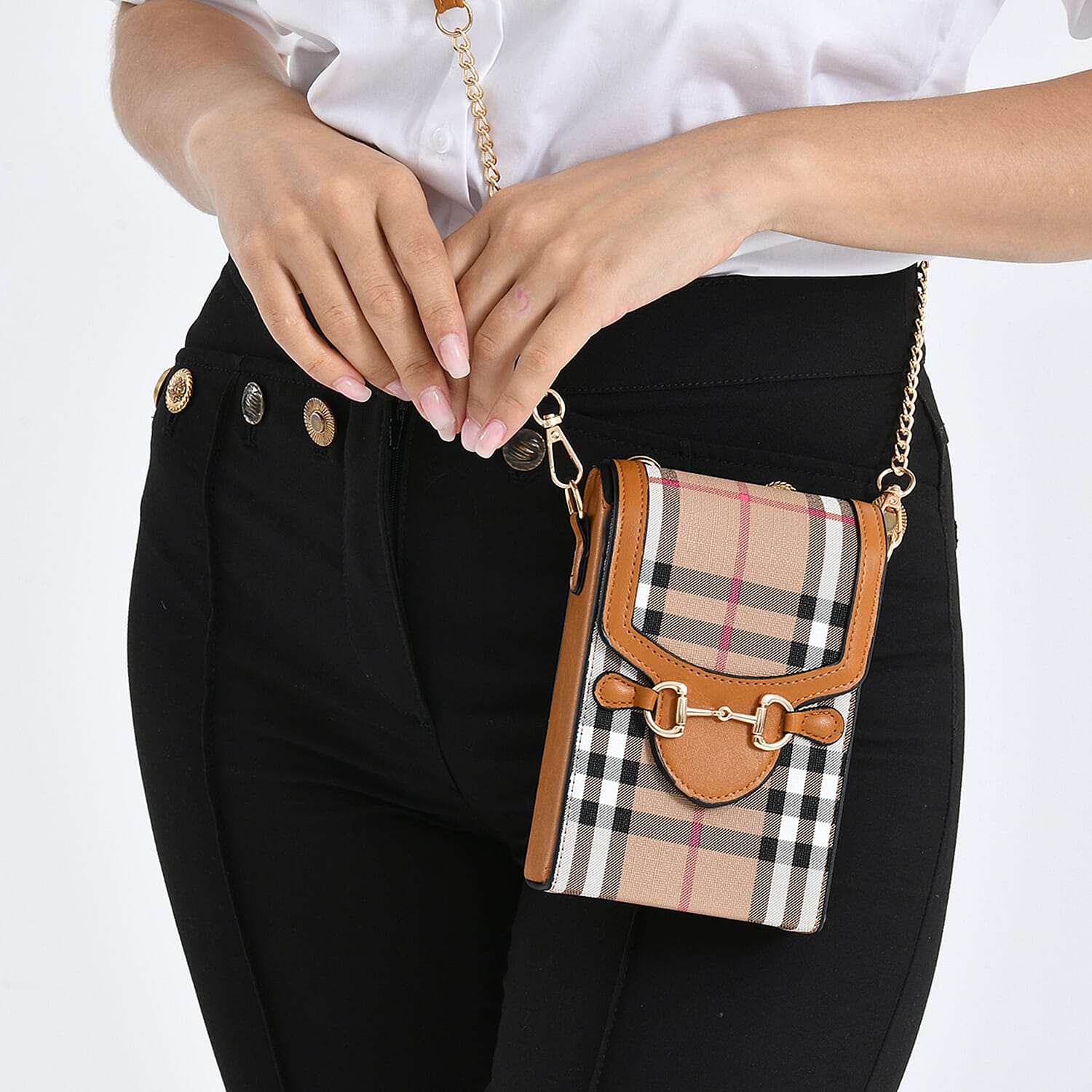 Checkered Pattern Wallet Style Sling Bag with Shoulder Strap (135cm) - Light Brown