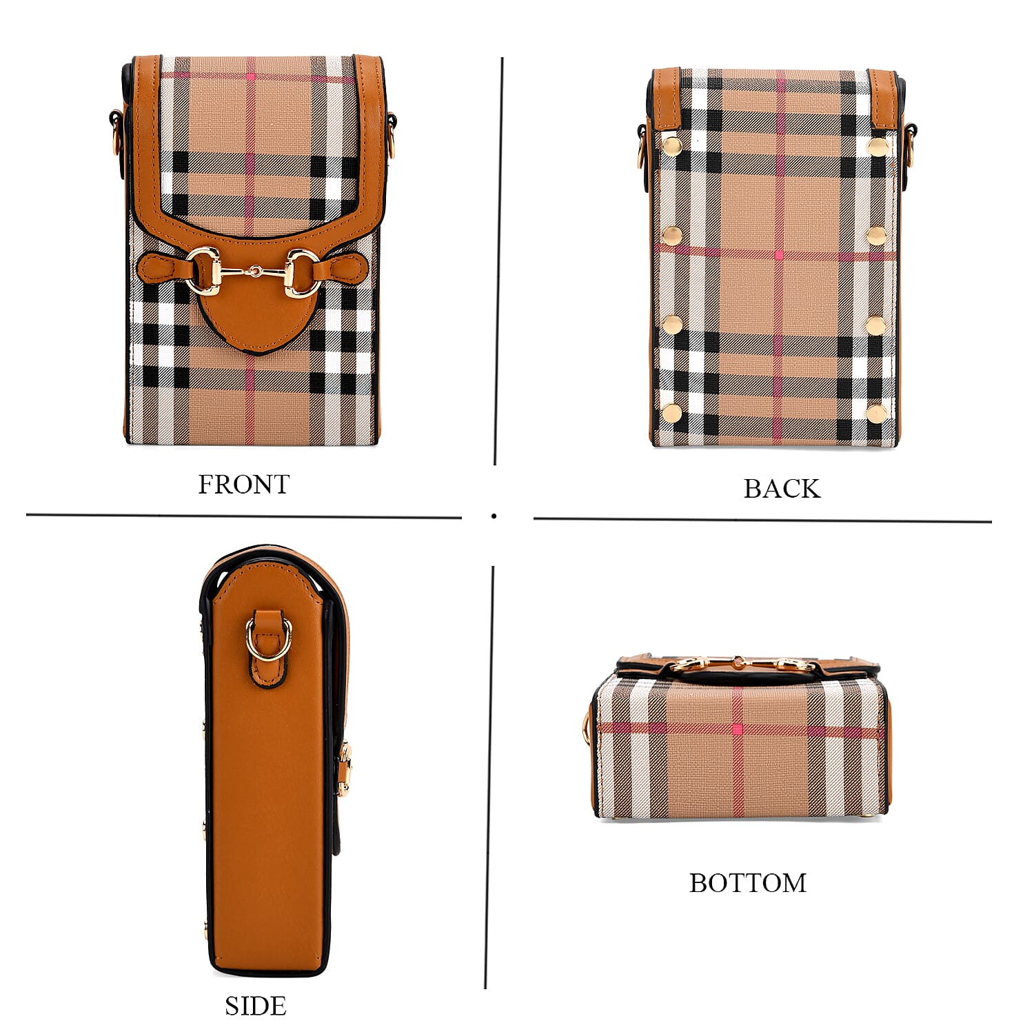 Checkered Pattern Wallet Style Sling Bag with Shoulder Strap (135cm) - Light Brown