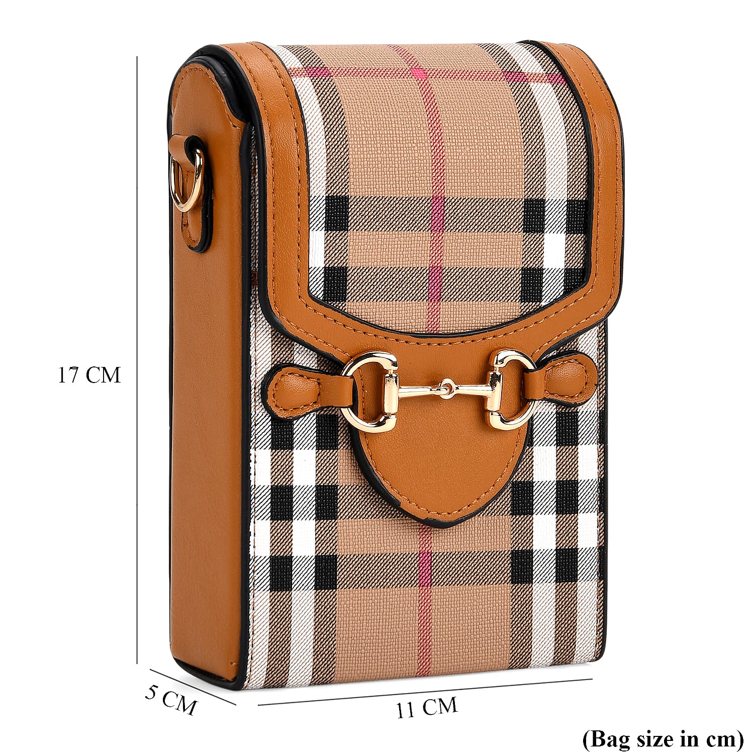 Checkered Pattern Wallet Style Sling Bag with Shoulder Strap (135cm) - Light Brown