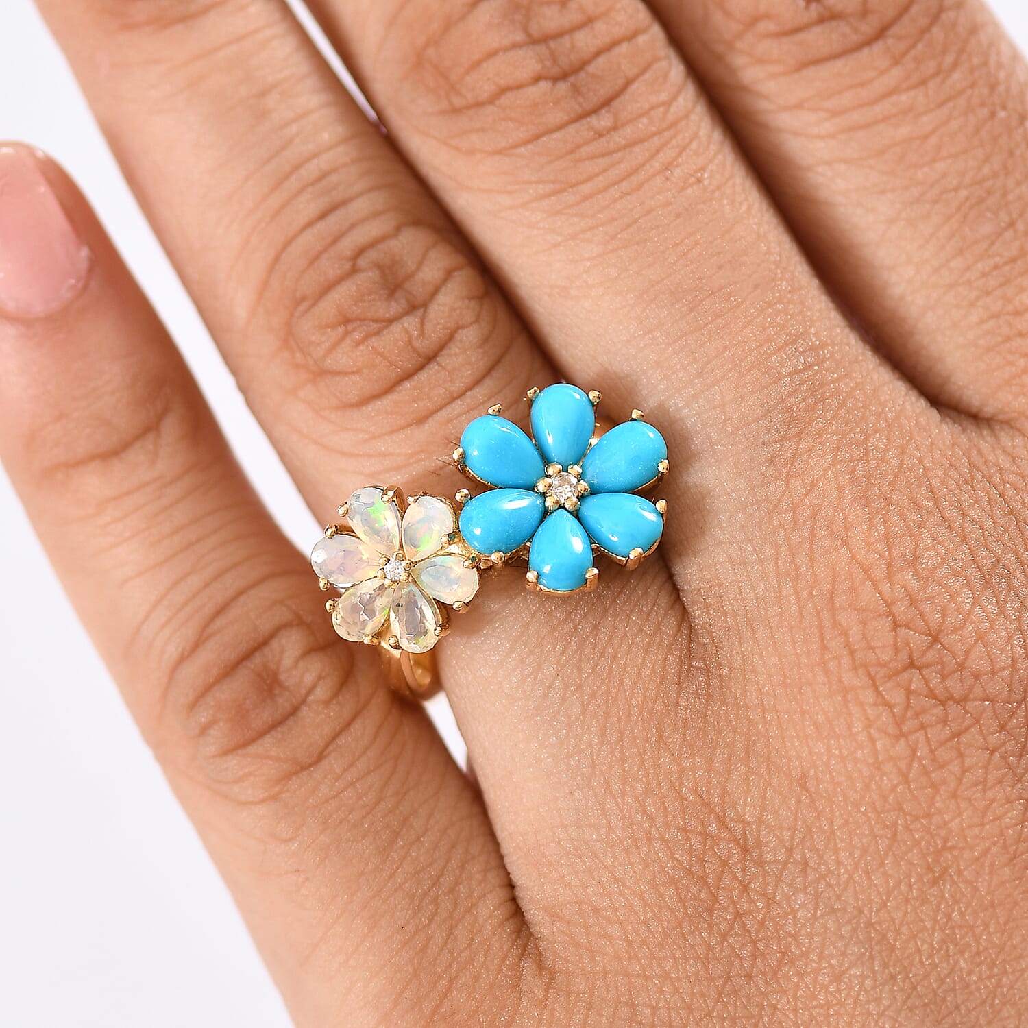 Sleeping Beauty Turquoise  & Ethiopian Opal Floral Ring in Yellow Gold Plating Sterling Silver 3.26 Ct.