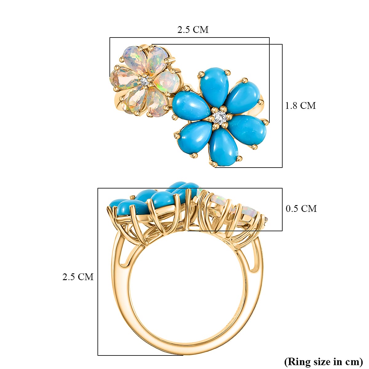 Sleeping Beauty Turquoise  & Ethiopian Opal Floral Ring in Yellow Gold Plating Sterling Silver 3.26 Ct.