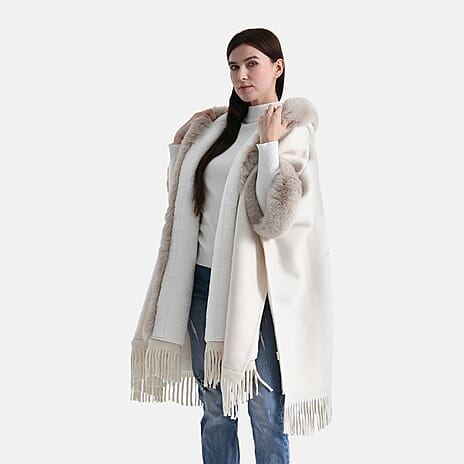 La Marey Signature Faux Fur Poncho with Tassels (110 x 90 cm) - Ivory