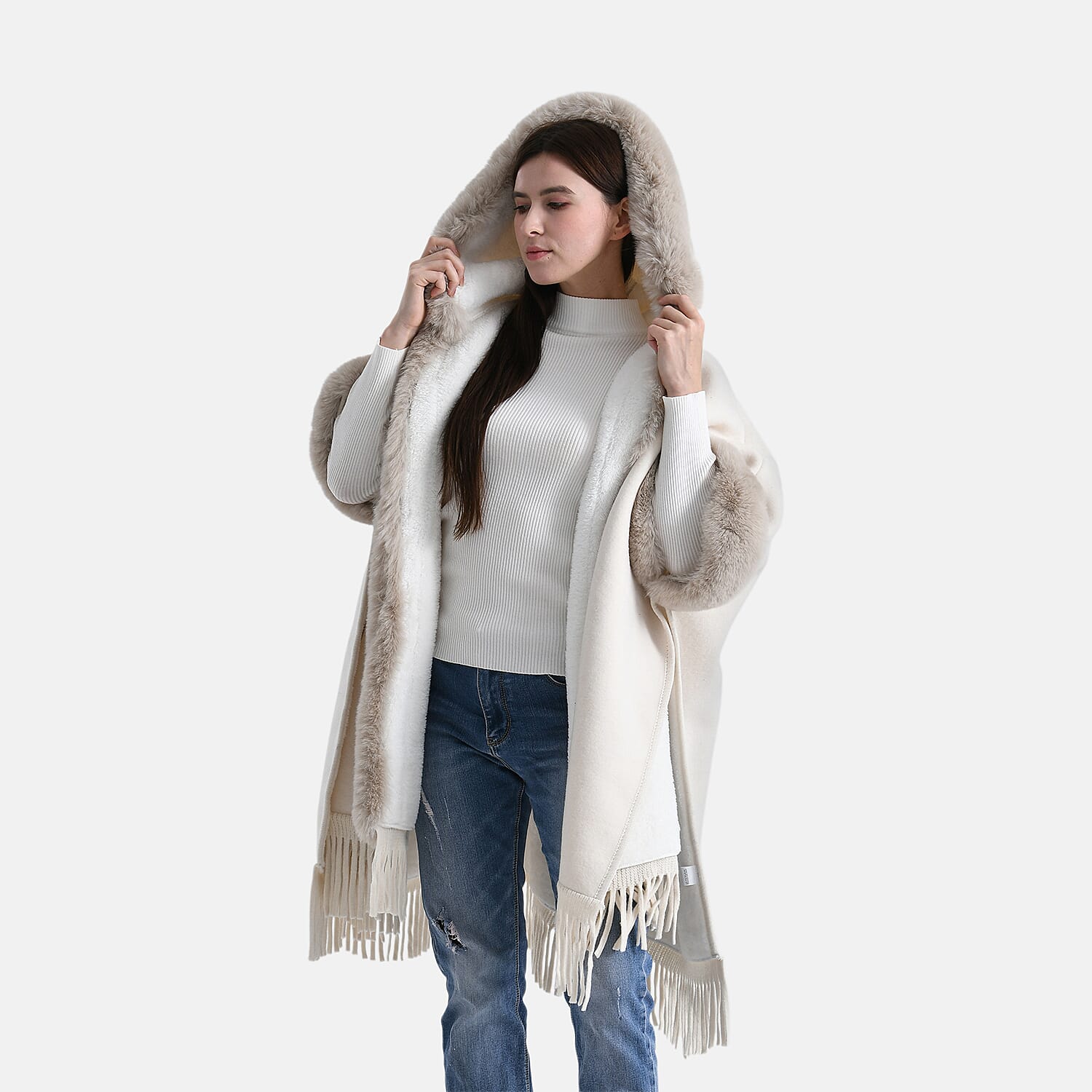 La Marey Signature Faux Fur Poncho with Tassels (110 x 90 cm) - Ivory