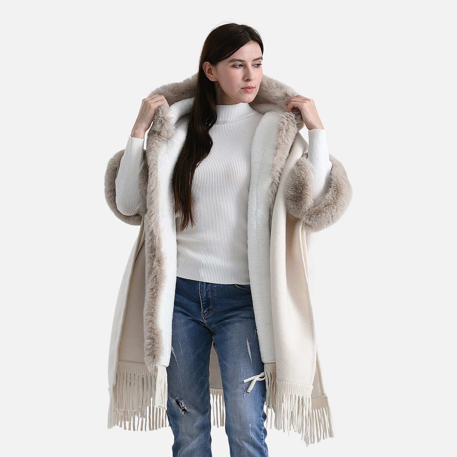 La Marey Signature Faux Fur Poncho with Tassels (110 x 90 cm) - Ivory