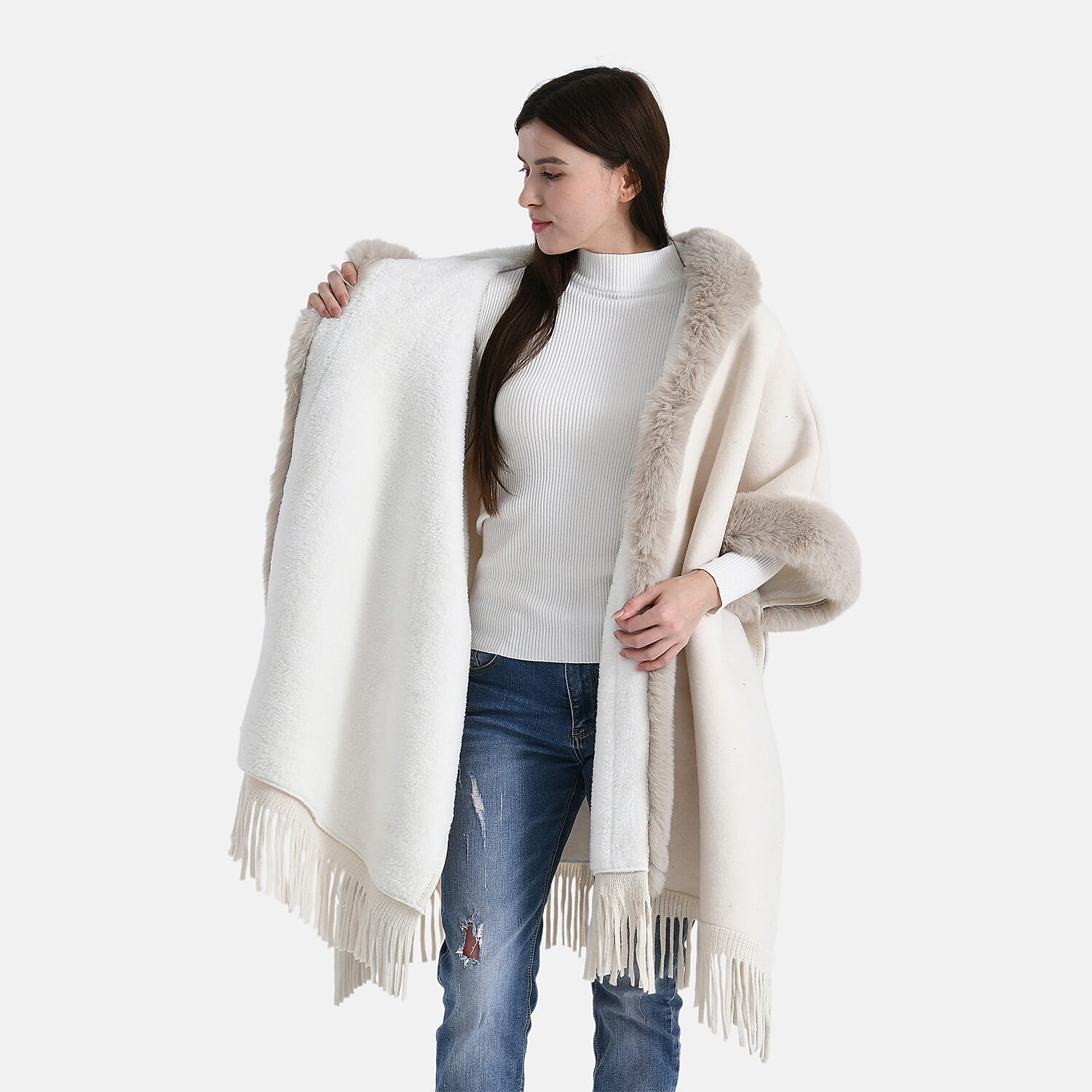 La Marey Signature Faux Fur Poncho with Tassels (110 x 90 cm) - Ivory