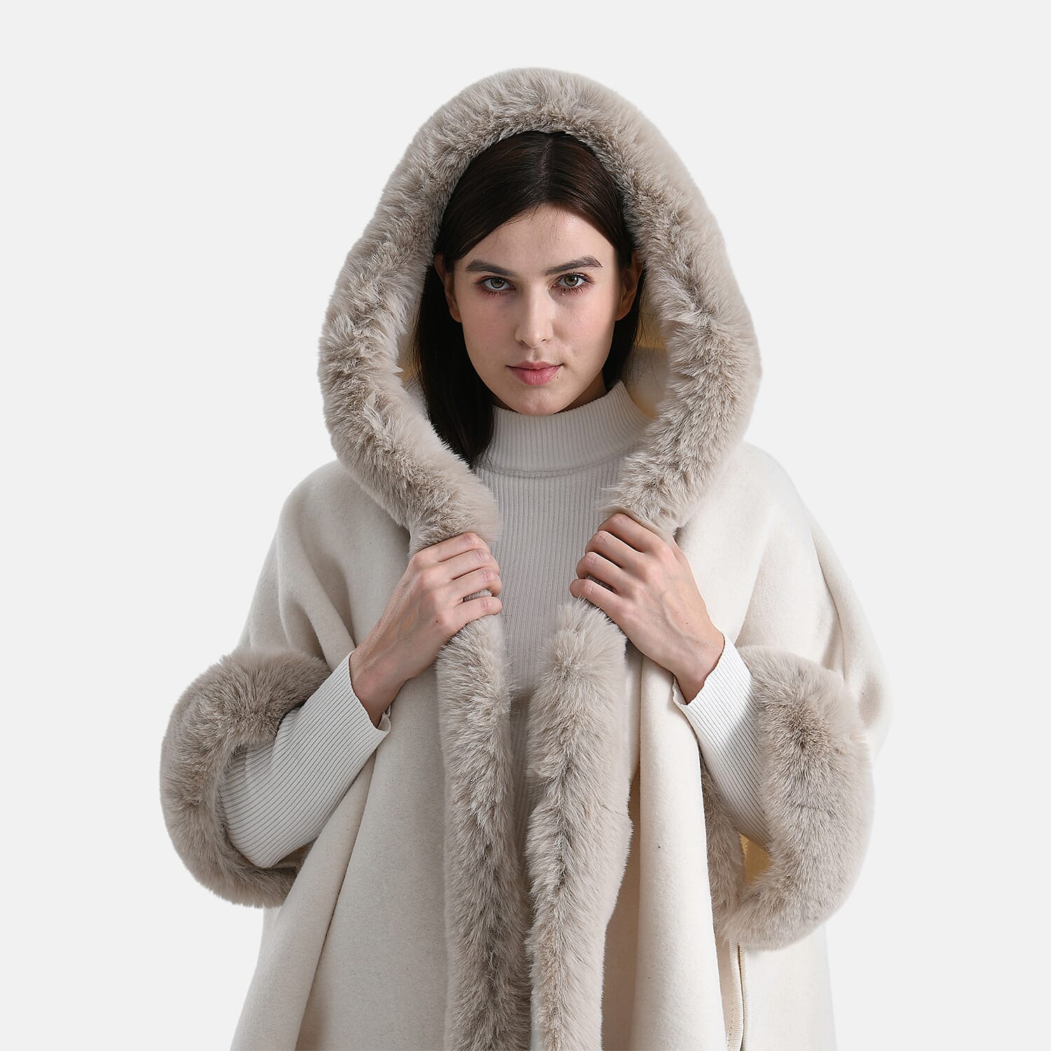 La Marey Signature Faux Fur Poncho with Tassels (110 x 90 cm) - Ivory