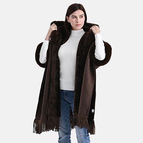 La Marey Signature Faux Fur Poncho with Tassels (110 x 90 cm) - Brown