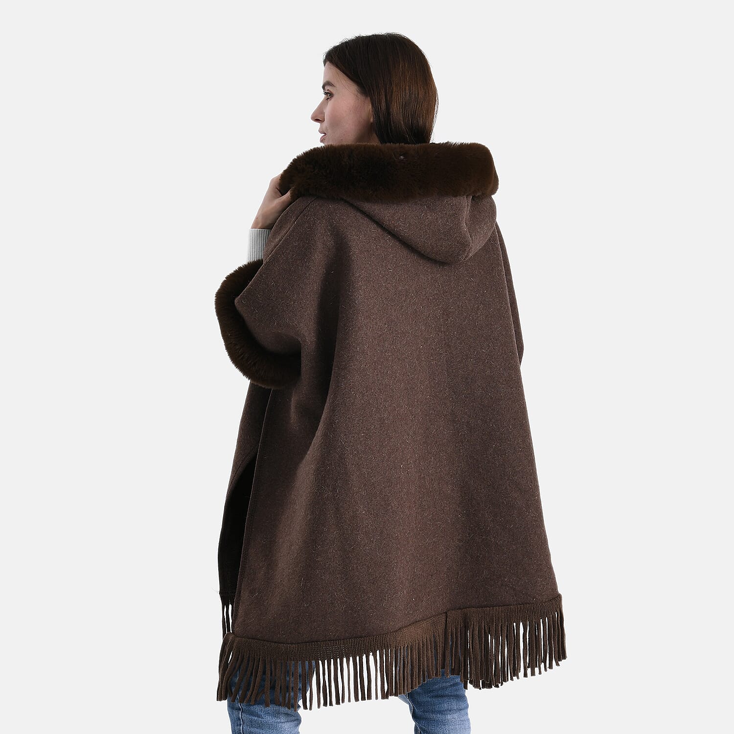 La Marey Signature Faux Fur Poncho with Tassels (110 x 90 cm) - Brown