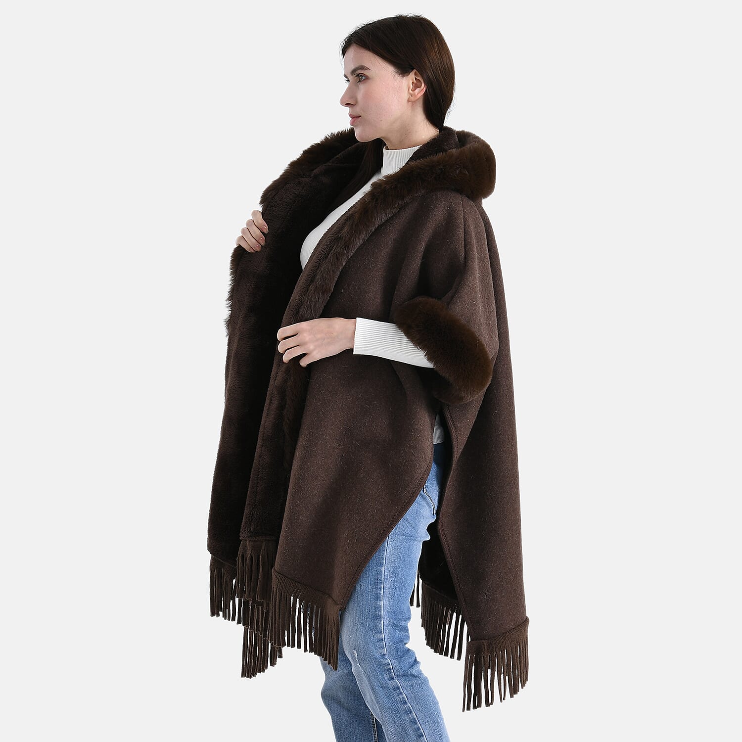 La Marey Signature Faux Fur Poncho with Tassels (110 x 90 cm) - Brown