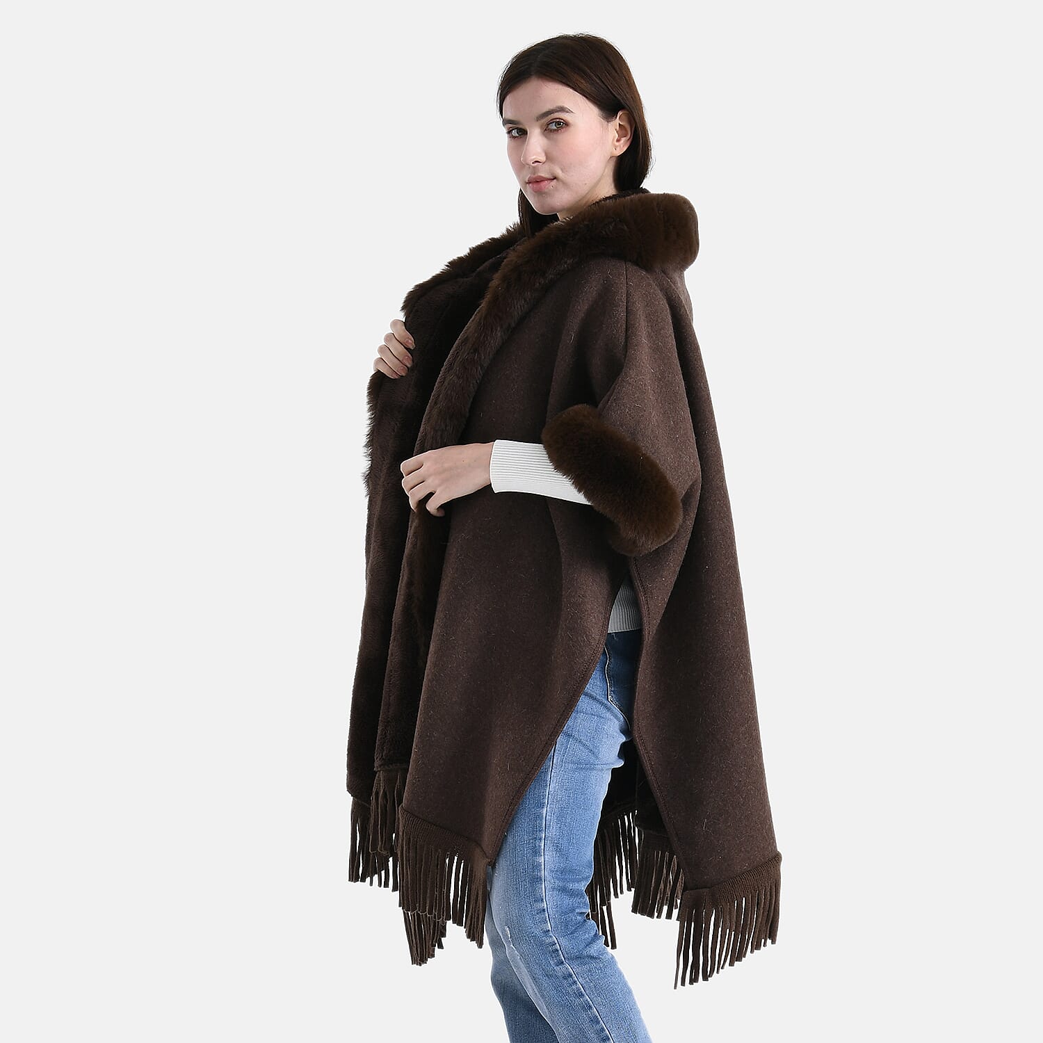 La Marey Signature Faux Fur Poncho with Tassels (110 x 90 cm) - Brown