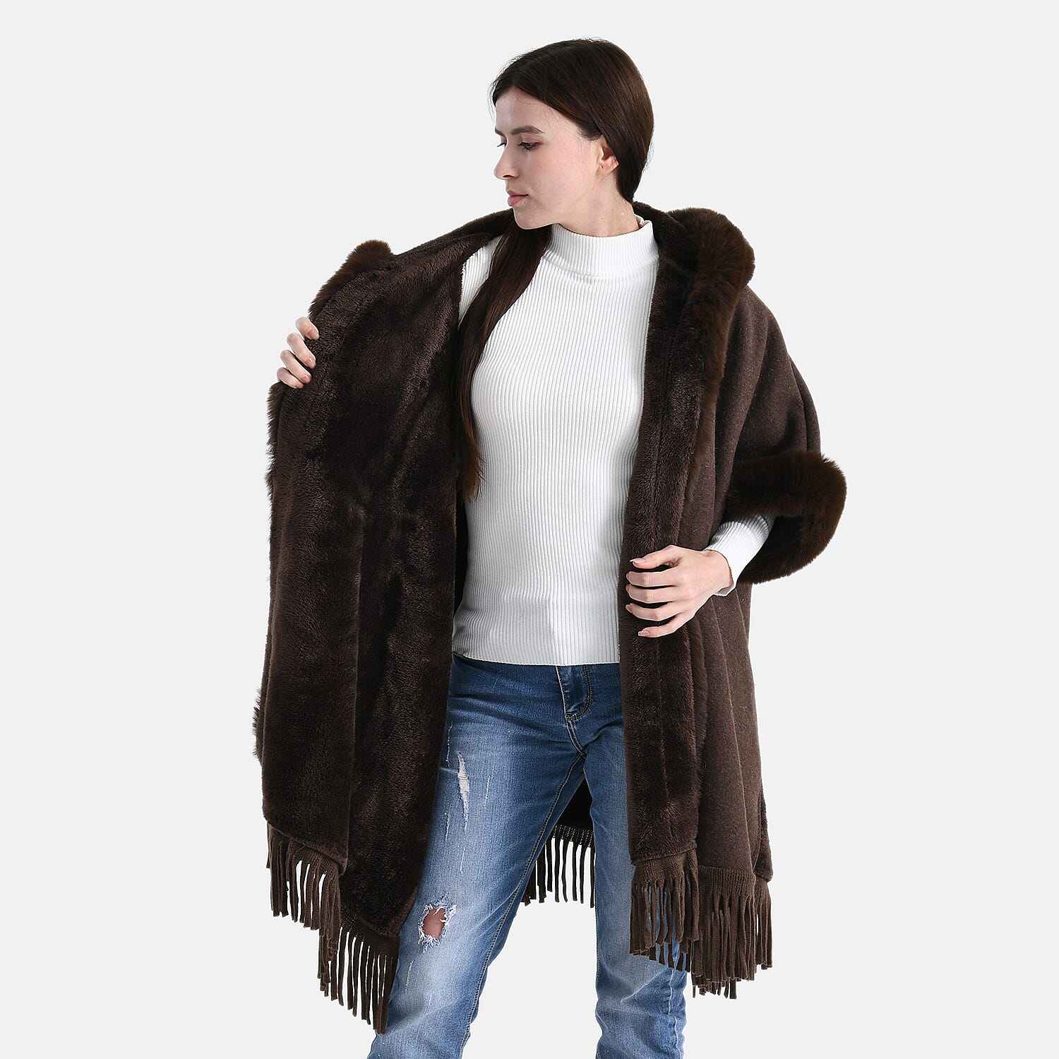 La Marey Signature Faux Fur Poncho with Tassels (110 x 90 cm) - Brown