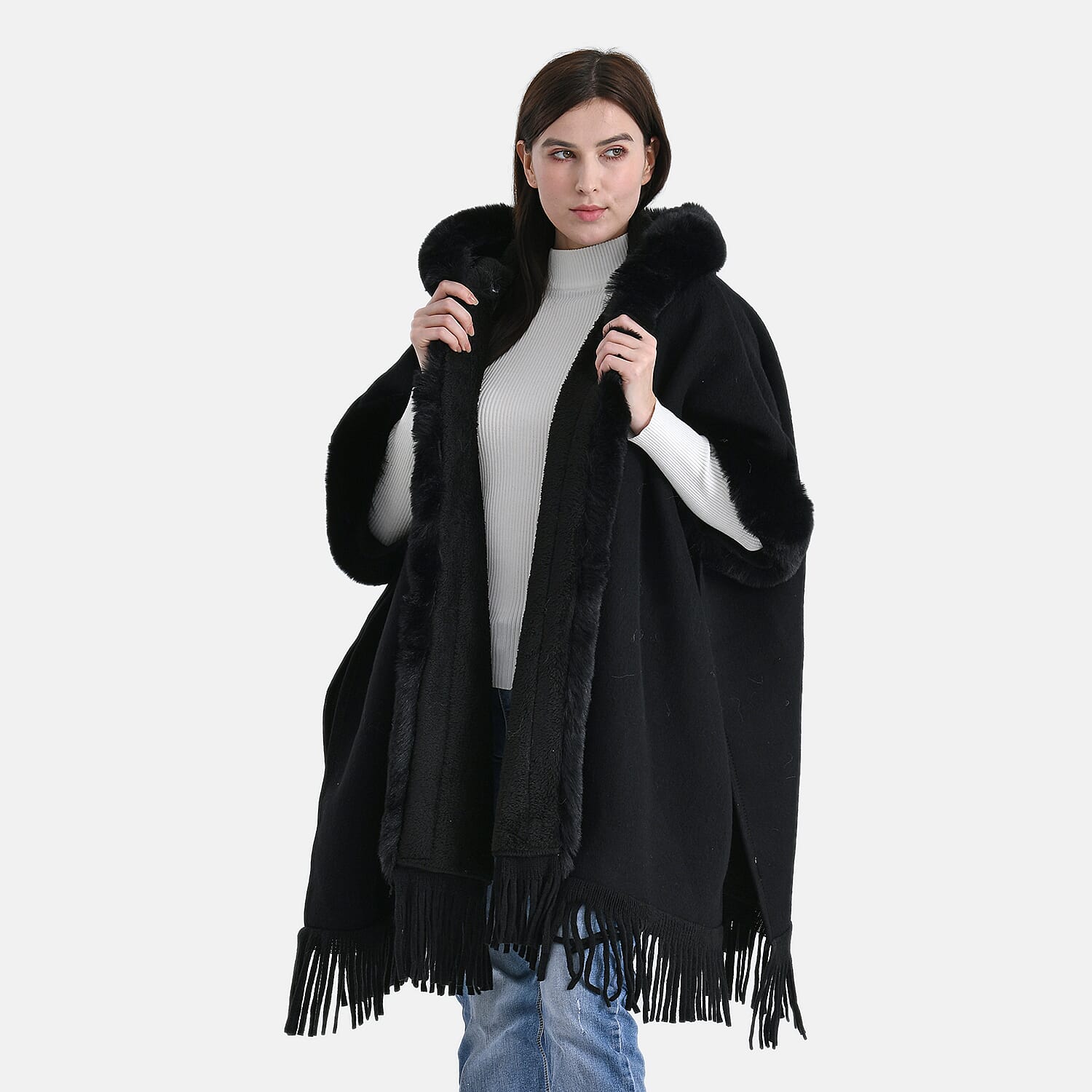 La Marey Signature Faux Fur Poncho with Tassels (110 x 90 cm) - Black