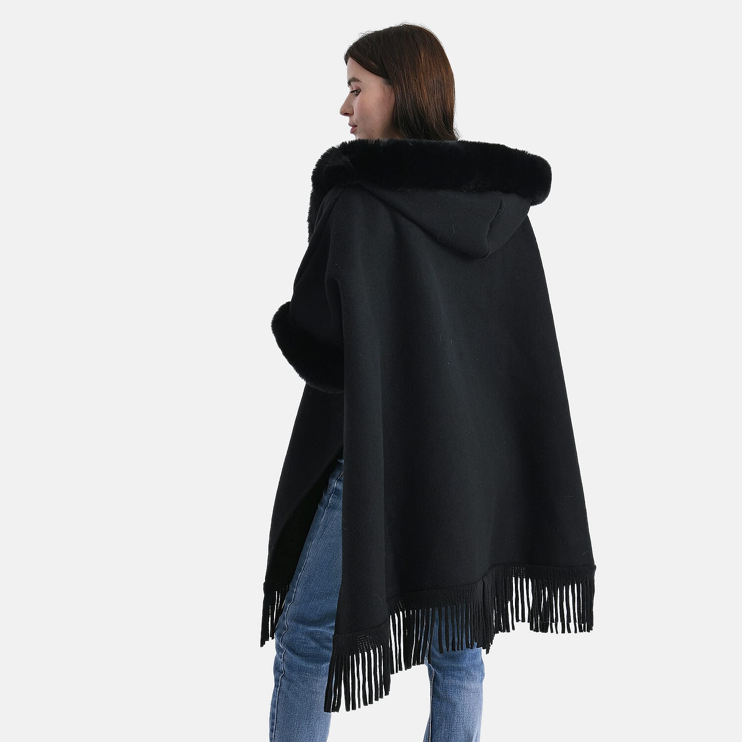 La Marey Signature Faux Fur Poncho with Tassels (110 x 90 cm) - Black